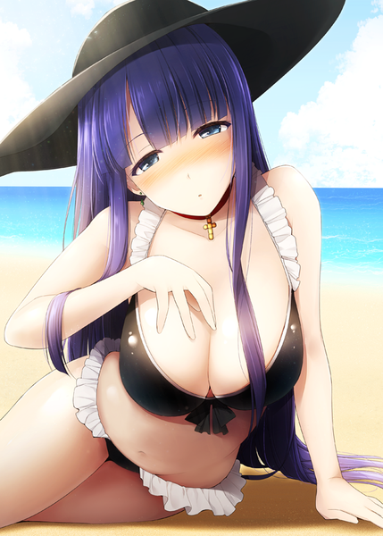Anime picture 600x839 with fate (series) fate/grand order martha (fate) martha (swimsuit ruler) (fate) kurikara single long hair tall image looking at viewer blush fringe breasts blue eyes light erotic large breasts purple hair blunt bangs head tilt arm support beach