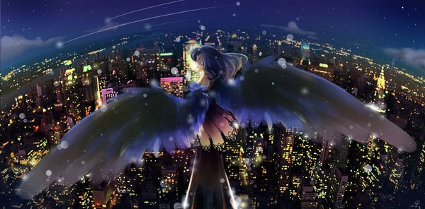 Anime picture 2000x989 with original monkey john single long hair looking at viewer fringe highres blue eyes wide image standing sky purple hair cloud (clouds) looking back from behind city cityscape angel wings city lights river