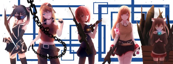 イラスト 3507x1300 と オリジナル -梦夏shimmer- 長髪 前髪 highres 短い髪 青い目 黒髪 金髪 hair between eyes 赤い目 茶色の髪 wide image ツインテール multiple girls 緑の目 signed 獣耳 ピンク髪 one eye closed