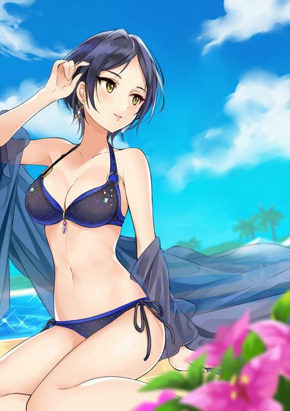 Anime picture 749x1059 with idolmaster idolmaster cinderella girls hayami kanade q-v (levia) single tall image blush short hair breasts light erotic black hair yellow eyes looking away sky cloud (clouds) outdoors arm support beach official alternate costume adjusting hair
