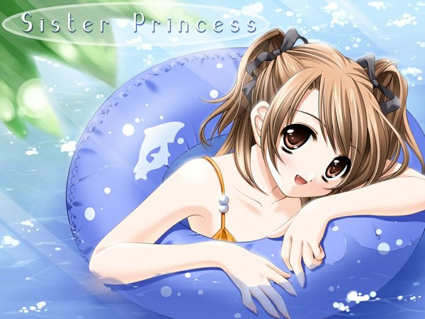 Anime picture 1024x768 with sister princess zexcs yotsuba (sister princess) short hair brown hair twintails brown eyes teeth fang (fangs) swimsuit bikini swim ring