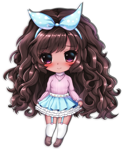 Anime picture 1709x2063 with midna01 single long hair tall image blush fringe highres simple background smile brown hair pink eyes chibi girl thighhighs skirt bow hair bow white thighhighs choker shoes