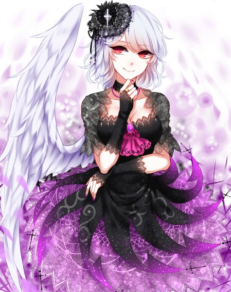 Anime picture 1900x2400 with touhou kishin sagume sheya single tall image blush fringe highres short hair breasts smile hair between eyes red eyes looking away nail polish fingernails grey hair cleavage cutout angel wings purple nail polish