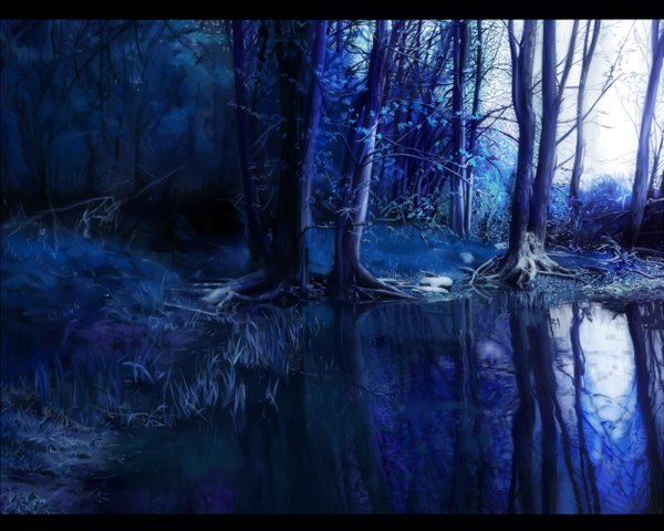 Anime picture 1250x1000 with original fuwashi (pixiv) reflection landscape plant (plants) tree (trees) water grass forest