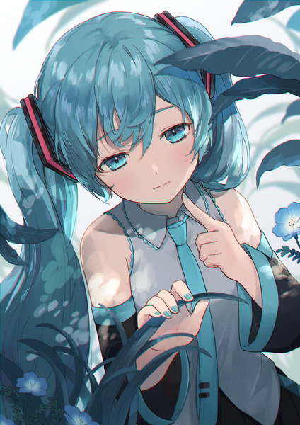 Anime picture 1131x1600 with vocaloid hatsune miku ashika (yftcc948) single long hair tall image fringe hair between eyes twintails upper body nail polish head tilt aqua eyes aqua hair aqua nail polish girl flower (flowers) detached sleeves necktie