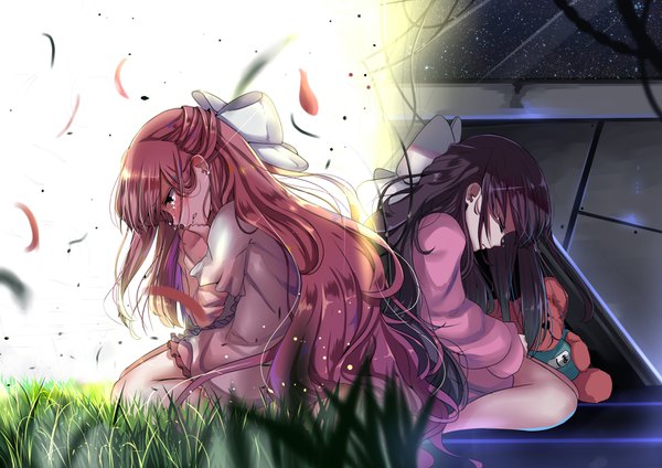 Anime picture 3507x2480 with shelter (music video) rin (shelter) mike.zen long hair fringe highres black hair hair between eyes brown hair sitting brown eyes absurdres very long hair tears half updo dual persona alternate age younger symmetry dress