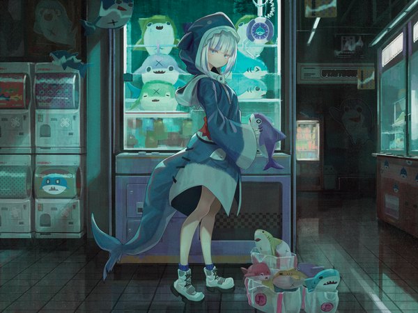 Anime picture 1600x1200 with virtual youtuber hololive hololive english gawr gura gawr gura (1st costume) anzi single looking at viewer short hair blue eyes silver hair full body indoors multicolored hair streaked hair turning head animal hood girl hood toy