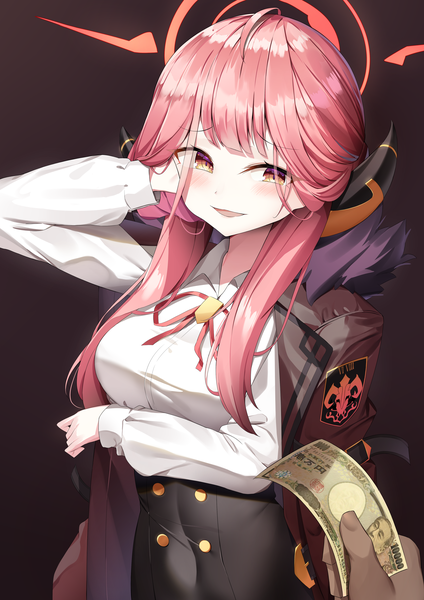 Anime-Bild 3500x4950 mit blue archive aru (blue archive) kuse (0201) long hair tall image blush highres open mouth simple background pink hair absurdres upper body pink eyes horn (horns) black background solo focus clothes on shoulders girl shirt white shirt