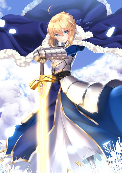 Anime picture 2507x3541 with fate (series) fate/grand order fate/stay night artoria pendragon (all) saber mirea single tall image looking at viewer blush fringe highres short hair blonde hair hair between eyes green eyes cloud (clouds) ahoge light smile fur trim
