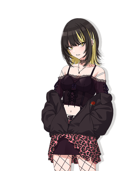 Anime picture 660x836 with idolmaster idolmaster shiny colors ikaruga luca tomari (veryberry00) single tall image looking at viewer short hair black hair standing yellow eyes parted lips multicolored hair off shoulder two-tone hair official art transparent background partially open clothes hands in pockets animal print