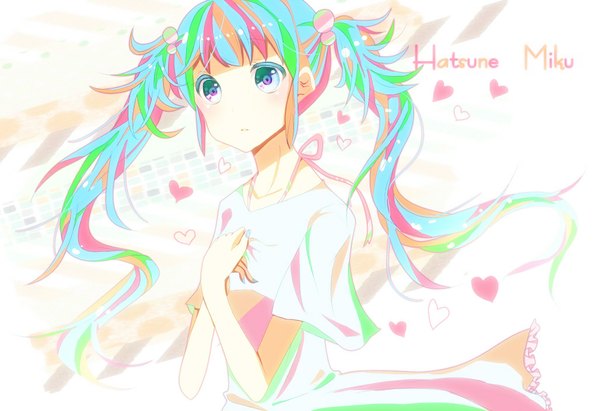 Anime picture 1028x705 with vocaloid hatsune miku single long hair twintails multicolored hair aqua eyes aqua hair inscription girl heart