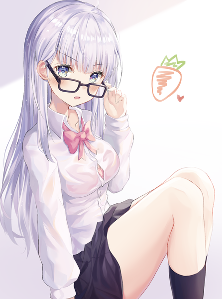 Anime picture 1969x2646 with original hyonee single long hair tall image looking at viewer blush fringe highres open mouth blue eyes light erotic simple background white background sitting silver hair blunt bangs long sleeves adjusting glasses girl
