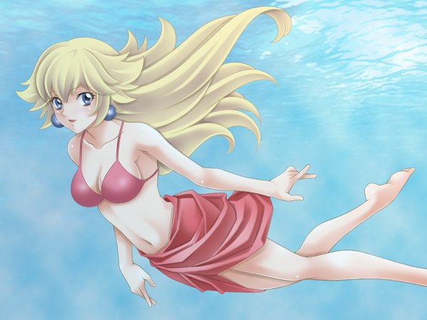 Anime picture 1600x1200 with super mario bros. princess peach tamamon long hair blue eyes blonde hair underwater girl navel swimsuit earrings water bikini top