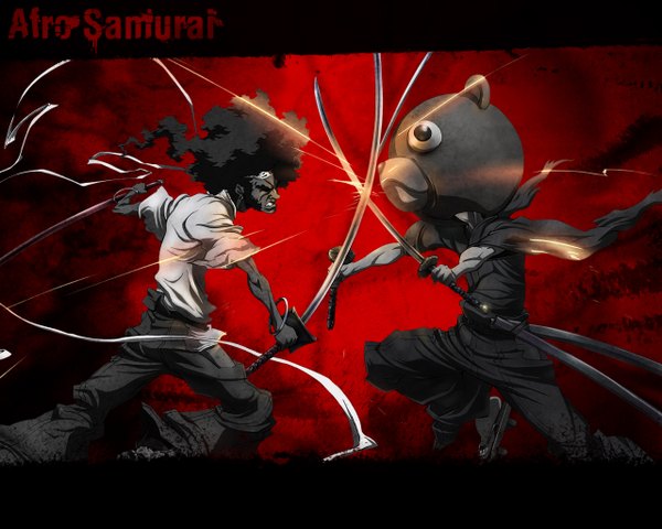 Anime picture 1280x1024 with afro samurai black hair battle afro boy ribbon (ribbons) weapon shirt sword bracelet katana teddy bear
