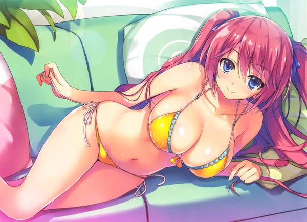 Anime picture 5284x3824 with youkoso jitsuryoku shijou shugi no kyoushitsu e sakura airi tomose shunsaku single long hair looking at viewer blush fringe highres breasts blue eyes light erotic smile hair between eyes large breasts payot pink hair absurdres indoors lying