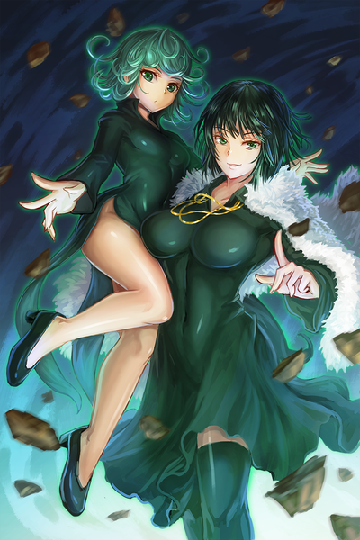 Anime picture 900x1350 with one-punch man madhouse tatsumaki fubuki (one-punch man) freeze-ex tall image looking at viewer short hair breasts light erotic black hair smile multiple girls green eyes green hair girl thighhighs dress black thighhighs 2 girls