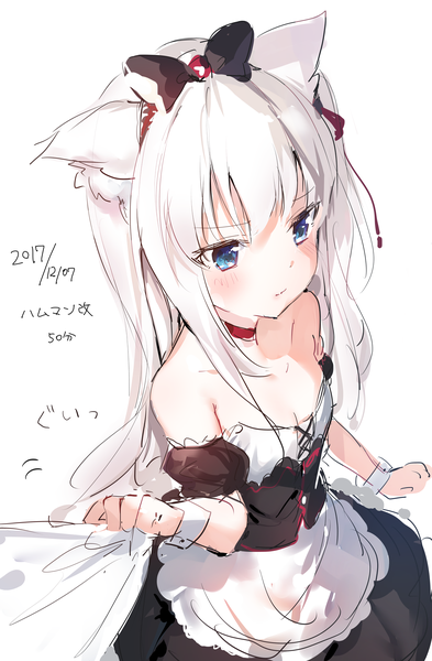 Anime picture 2400x3663 with azur lane hammann (azur lane) umibouzu (niito) single long hair tall image blush fringe highres breasts blue eyes simple background white background bare shoulders animal ears looking away cleavage white hair from above cat ears