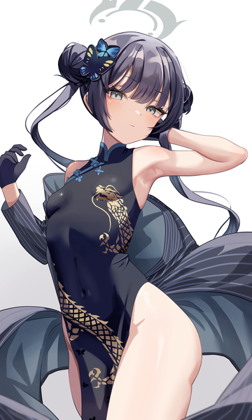Anime picture 2563x4273 with blue archive kisaki (blue archive) musson single long hair tall image looking at viewer fringe highres breasts light erotic black hair simple background white background twintails blunt bangs traditional clothes arms up open jacket armpit (armpits)