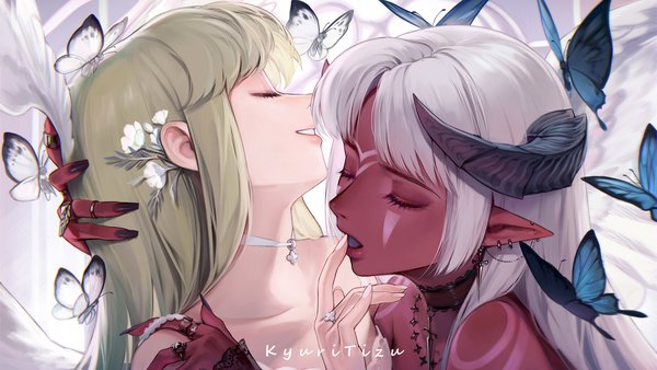 Anime picture 1920x1080 with original kyuri tizu long hair highres open mouth blonde hair smile wide image multiple girls signed eyes closed nail polish parted lips profile horn (horns) fingernails pointy ears grey hair tattoo piercing