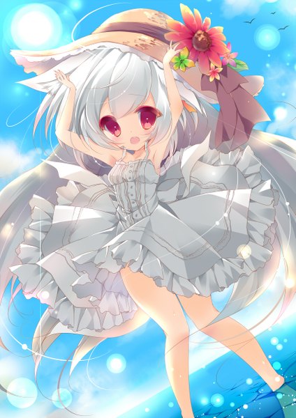 Anime picture 867x1227 with original umino mizu single long hair tall image blush open mouth red eyes animal ears sky cloud (clouds) white hair tail animal tail girl dress flower (flowers) hat sundress