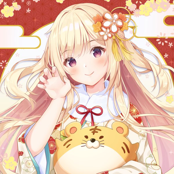 Anime picture 3000x3000 with original koki (latte1023) single long hair blush highres blonde hair smile purple eyes upper body traditional clothes head tilt japanese clothes new year claw pose egasumi asa no ha (pattern) girl hair ornament animal