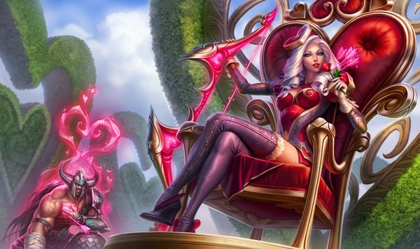 Anime picture 1750x1040 with league of legends ashe (league of legends) tryndamere (league of legends) michelle hoefener long hair looking at viewer highres blue eyes black hair smile wide image sitting green eyes silver hair lips realistic official art wallpaper lipstick crossed legs