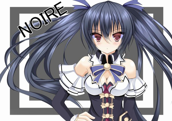 Anime picture 1412x1000 with choujigen game neptune noire lieselotte (artist) single long hair looking at viewer blush breasts black hair simple background red eyes twintails hand on hip girl dress ribbon (ribbons) hair ribbon