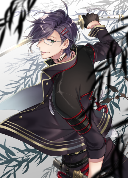 Anime picture 734x1025 with touken ranbu nitroplus akashi kuniyuki noes single tall image looking at viewer fringe short hair smile holding green eyes purple hair upper body from above hair over one eye open jacket boy gloves weapon