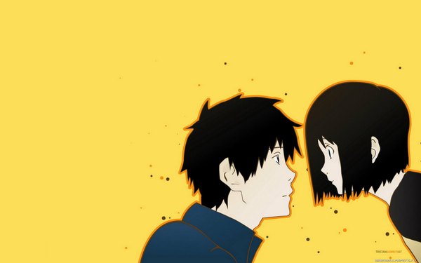 Anime picture 1600x1000 with nhk ni youkoso gonzo nakahara misaki satou tatsuhiro short hair black hair wide image black eyes couple face to face yellow background dark hair girl boy