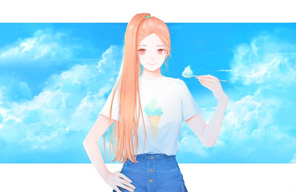 Anime picture 4000x2600 with original moss (2225028) single long hair highres smile absurdres sky cloud (clouds) ponytail orange hair orange eyes hand on hip casual denim food print sky print girl food sweets