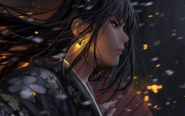 Anime picture 1800x1125 with original guweiz single long hair fringe highres black hair standing looking away upper body blunt bangs traditional clothes japanese clothes profile wind lips black eyes realistic floral print glowing