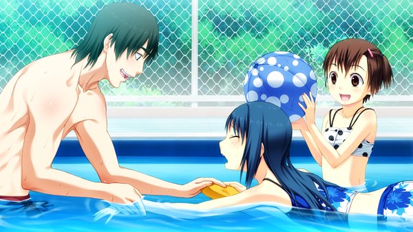 Anime picture 1024x576 with suigetsu 2 long hair short hair open mouth light erotic brown hair wide image multiple girls brown eyes blue hair game cg eyes closed girl boy 2 girls swimsuit child (children) pool