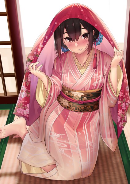 Anime picture 1447x2046 with original kagematsuri single tall image looking at viewer blush fringe short hair hair between eyes brown hair sitting brown eyes indoors traditional clothes parted lips japanese clothes barefoot light smile wide sleeves floral print