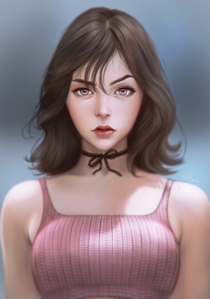 Anime picture 1110x1579 with original naranavy single tall image looking at viewer fringe short hair breasts simple background hair between eyes brown hair bare shoulders brown eyes signed upper body lips realistic grey background portrait eyebrows