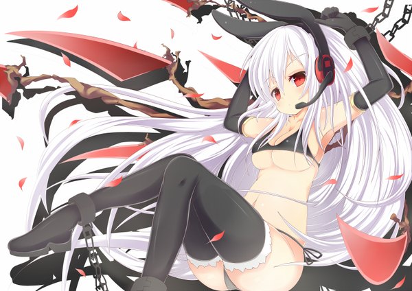 Anime picture 1500x1060 with original gamuo single long hair breasts light erotic red eyes white hair bunny ears girl thighhighs gloves navel black thighhighs swimsuit bikini petals elbow gloves headphones chain