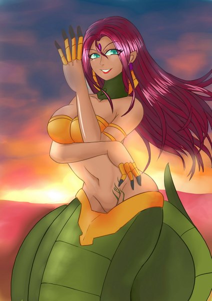 Anime picture 1001x1417 with league of legends cassiopeia (league of legends) single long hair tall image looking at viewer breasts blue eyes light erotic smile large breasts red hair midriff evening sunset snake tail girl navel earrings bracelet