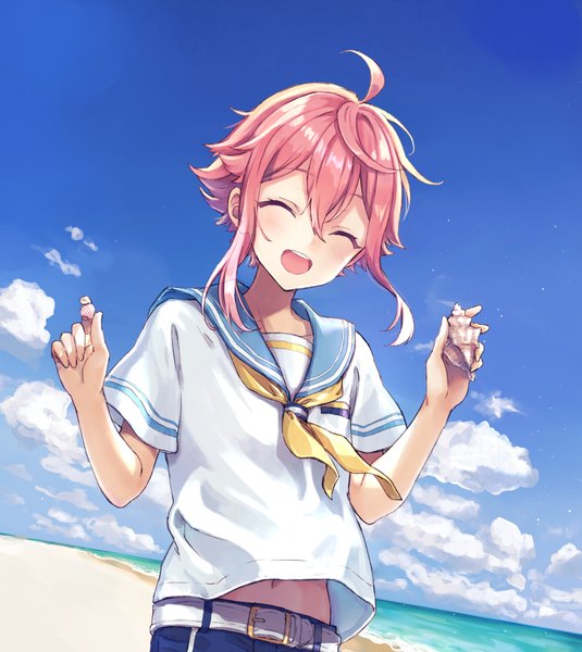 Anime picture 1000x1121 with ensemble stars! himemiya touri rimo single tall image blush fringe short hair open mouth smile hair between eyes standing holding payot pink hair sky cloud (clouds) ahoge outdoors eyes closed
