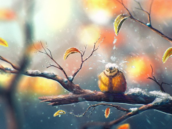 Anime picture 3200x2400 with original sylar113 highres sitting absurdres outdoors sunlight blurry depth of field close-up snow plant (plants) animal tree (trees) bird (birds) leaf (leaves) branch beak