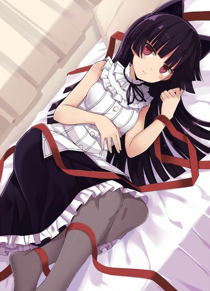 Anime picture 724x1000 with ore no imouto ga konna ni kawaii wake ga nai gokou ruri kuhotaka single long hair tall image looking at viewer blush black hair red eyes animal ears lying cat ears girl dress ribbon (ribbons) pantyhose