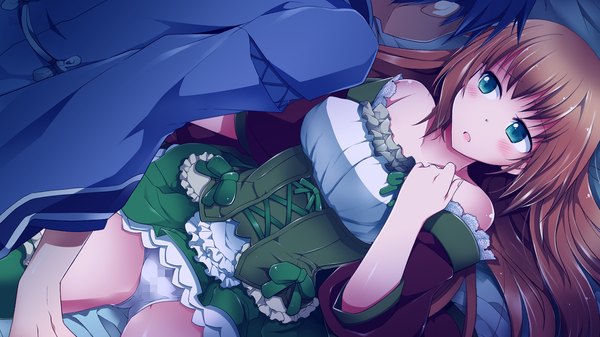 Anime picture 1280x720 with sengoku hime long hair light erotic brown hair wide image green eyes game cg girl underwear panties