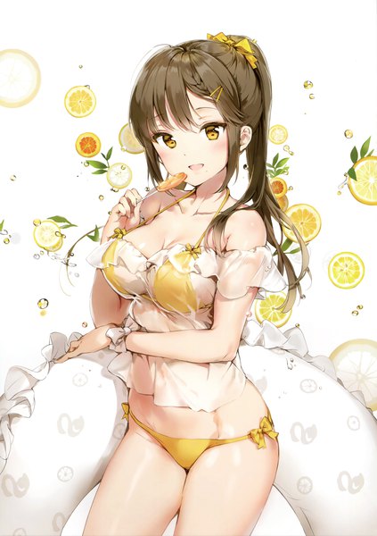 Anime picture 2763x3917 with original anmi single long hair tall image looking at viewer blush fringe highres breasts open mouth light erotic smile brown hair large breasts standing white background bare shoulders holding yellow eyes