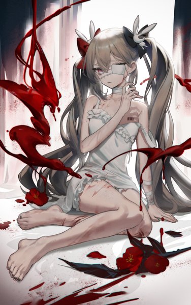 Anime picture 3000x4788 with extraordinary ones sandy (extraordinary ones) penda (hipanan222) single long hair tall image looking at viewer fringe highres hair between eyes red eyes sitting twintails grey hair arm support bare legs strap slip yokozuwari girl flower (flowers)