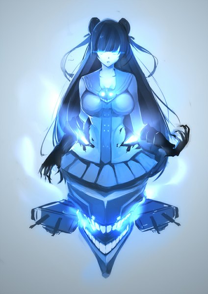 Anime picture 707x1000 with kantai collection light cruiser oni a430dp single long hair tall image looking at viewer fringe breasts black hair simple background large breasts twintails cleavage aqua eyes wind lips grey background teeth hair bun (hair buns)