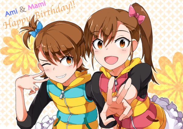 Anime picture 1494x1056 with idolmaster futami mami futami ami hide448 blush short hair open mouth smile brown hair multiple girls brown eyes ponytail one eye closed wink side ponytail victory girl bow 2 girls hair bow