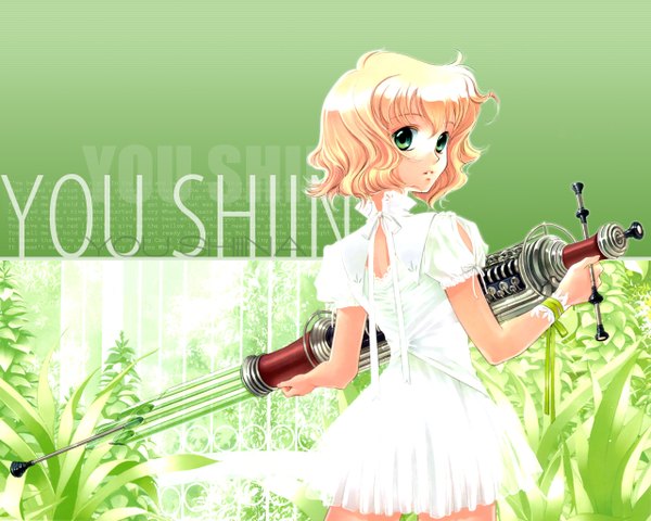 Anime picture 1280x1024 with shiina yuu single looking at viewer short hair blonde hair green eyes signed looking back dress plant (plants) white dress syringe