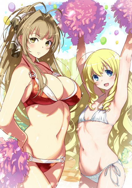 Anime picture 800x1131 with amagi brilliant park kyoto animation sento isuzu latifa fleuranza twinpoo long hair tall image looking at viewer blush breasts open mouth blue eyes light erotic blonde hair brown hair bare shoulders multiple girls ahoge arms up bare belly