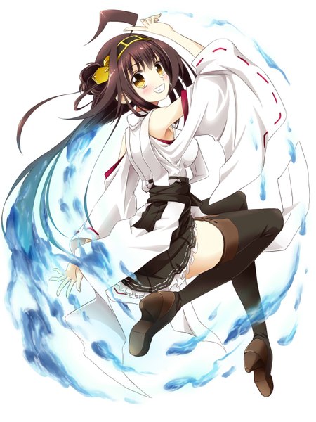 Anime picture 1200x1600 with kantai collection kongou battleship khnchak single long hair tall image looking at viewer blush highres open mouth simple background smile brown hair white background bare shoulders yellow eyes ahoge traditional clothes japanese clothes looking back
