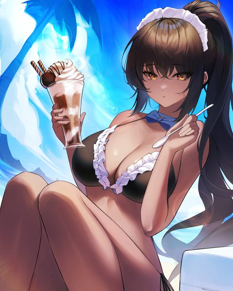 Anime picture 2516x3145 with blue archive karin (blue archive) sbgu single long hair tall image looking at viewer fringe highres breasts light erotic black hair hair between eyes large breasts sitting holding brown eyes payot sky cleavage