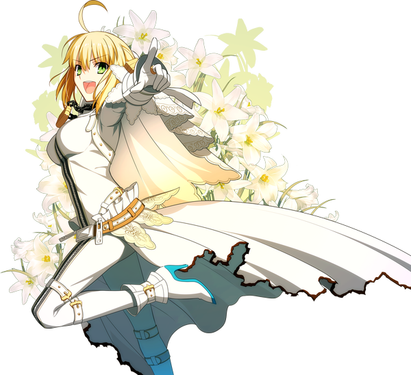 Anime picture 3500x3202 with fate (series) fate/extra fate/extra ccc type-moon nero claudius (fate) (all) nero claudius (fate) nero claudius (bride) (fate) takeuchi takashi single long hair highres open mouth blonde hair smile green eyes absurdres official art transparent background pointing girl
