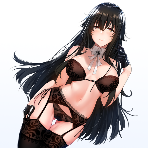 Anime picture 3507x3507 with azur lane azuma (azur lane) bishi (bishi) single long hair looking at viewer blush fringe highres breasts light erotic black hair simple background smile hair between eyes large breasts standing white background bare shoulders holding